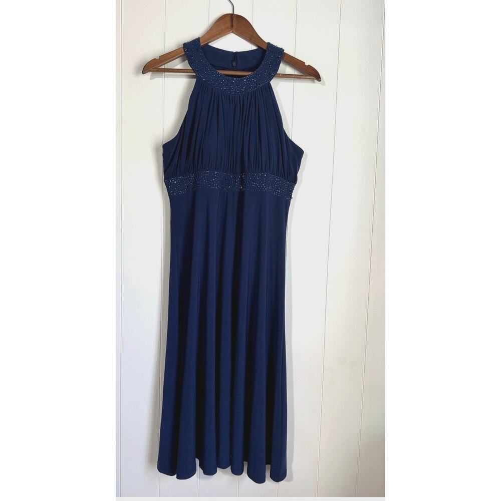 Jessica Howard Womens Evening Dress Blue Halter Beaded Neck & Waist Size 12
